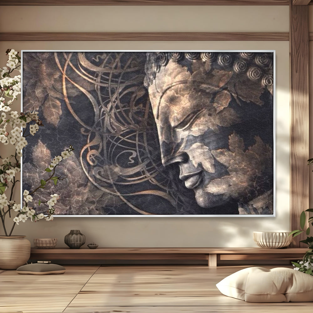 Tablou canvas cu tablou canvas cu profil de buddha, in rama de aluminiu argintiu